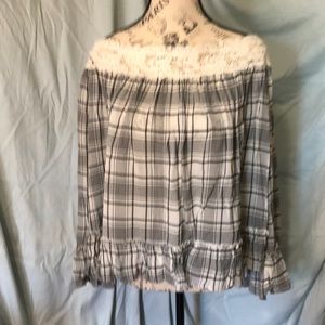 Loft Casual Ruffles and Lace Black and White Plaid Long Sleeve Off Shoulder Top